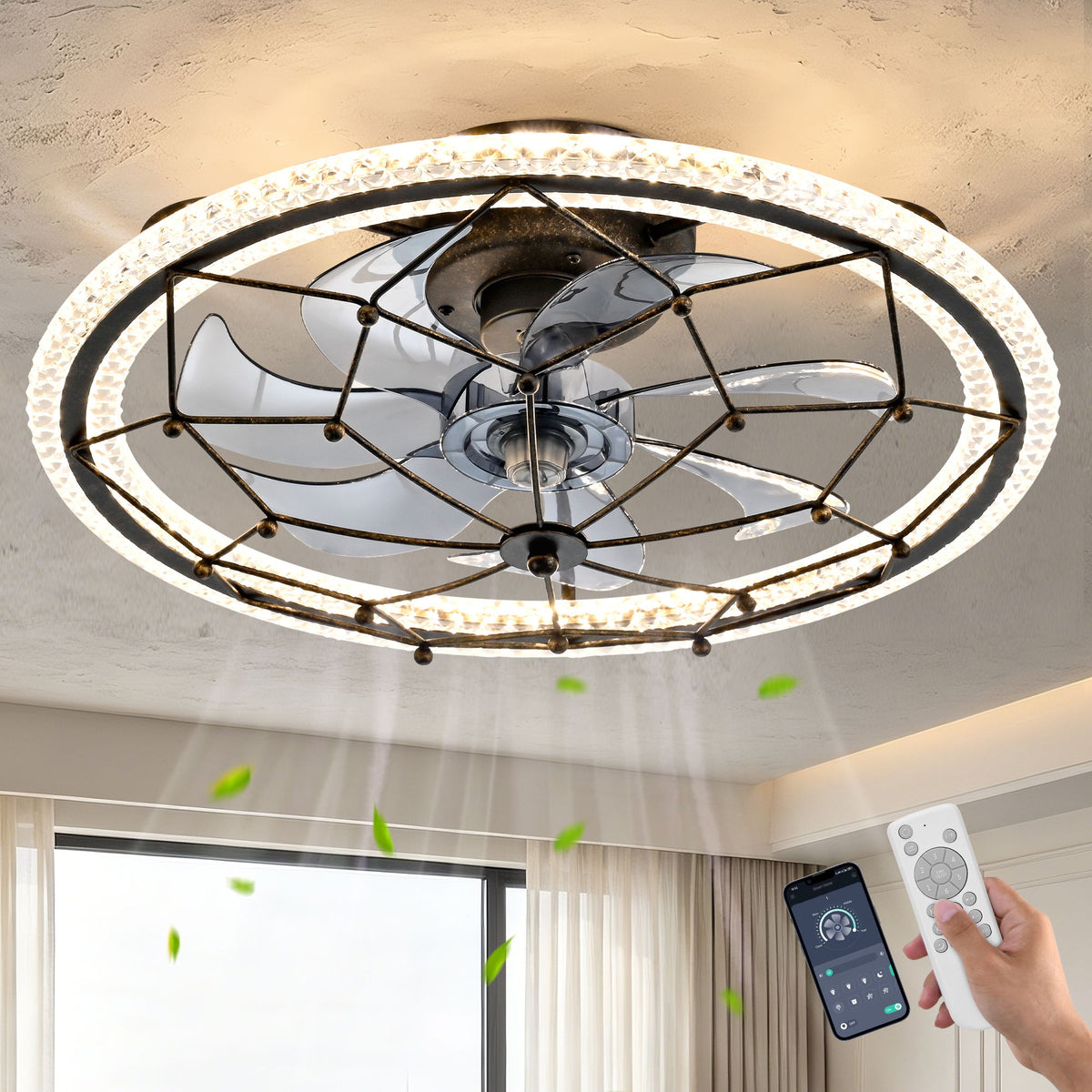 Caged Ceiling Fan With Remote Control Lights, 6 Speeds, 3 Color Temperature LED - Antique Black