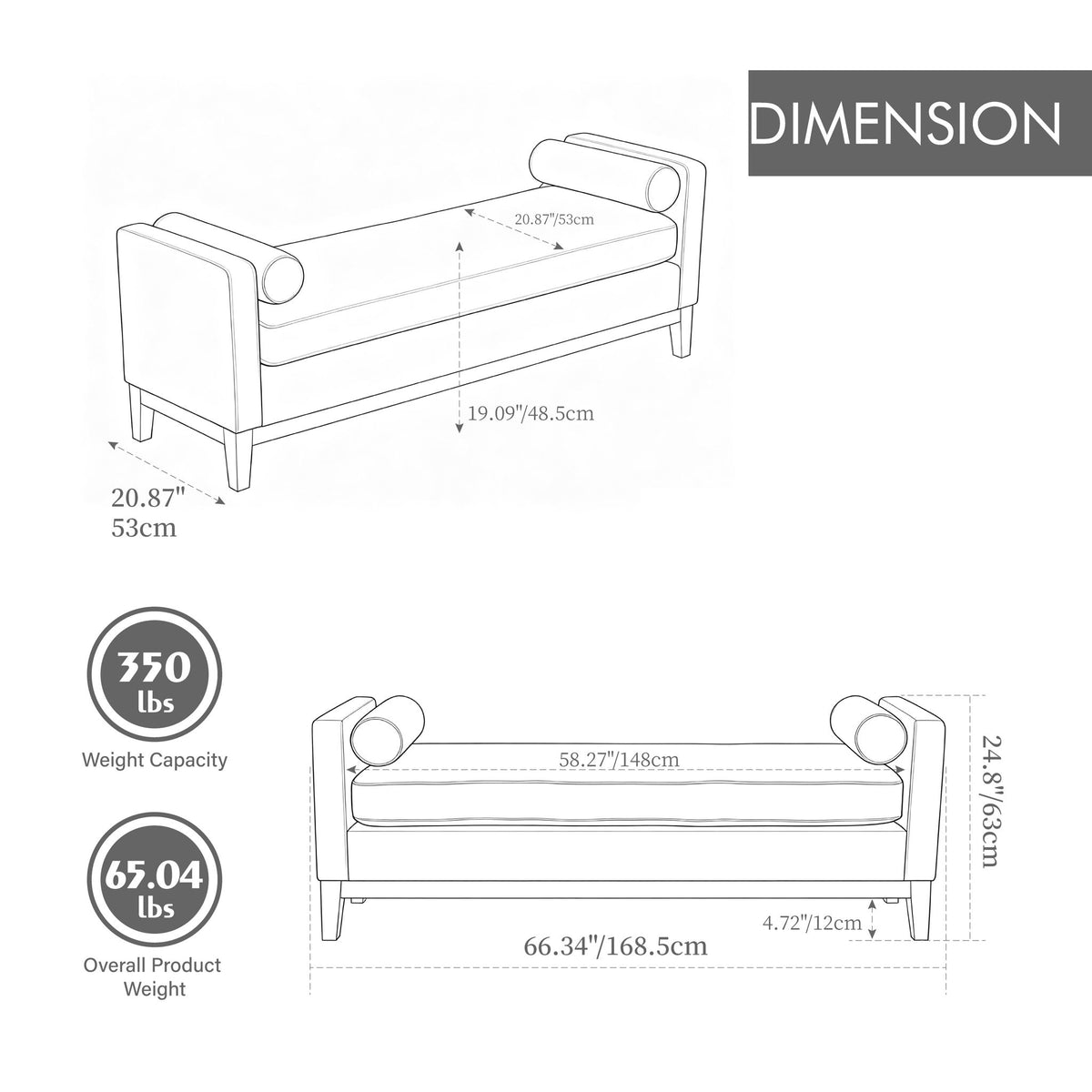 Upholstered End Of Bed Bench With Arms & 2 Bolsters For Bedroom