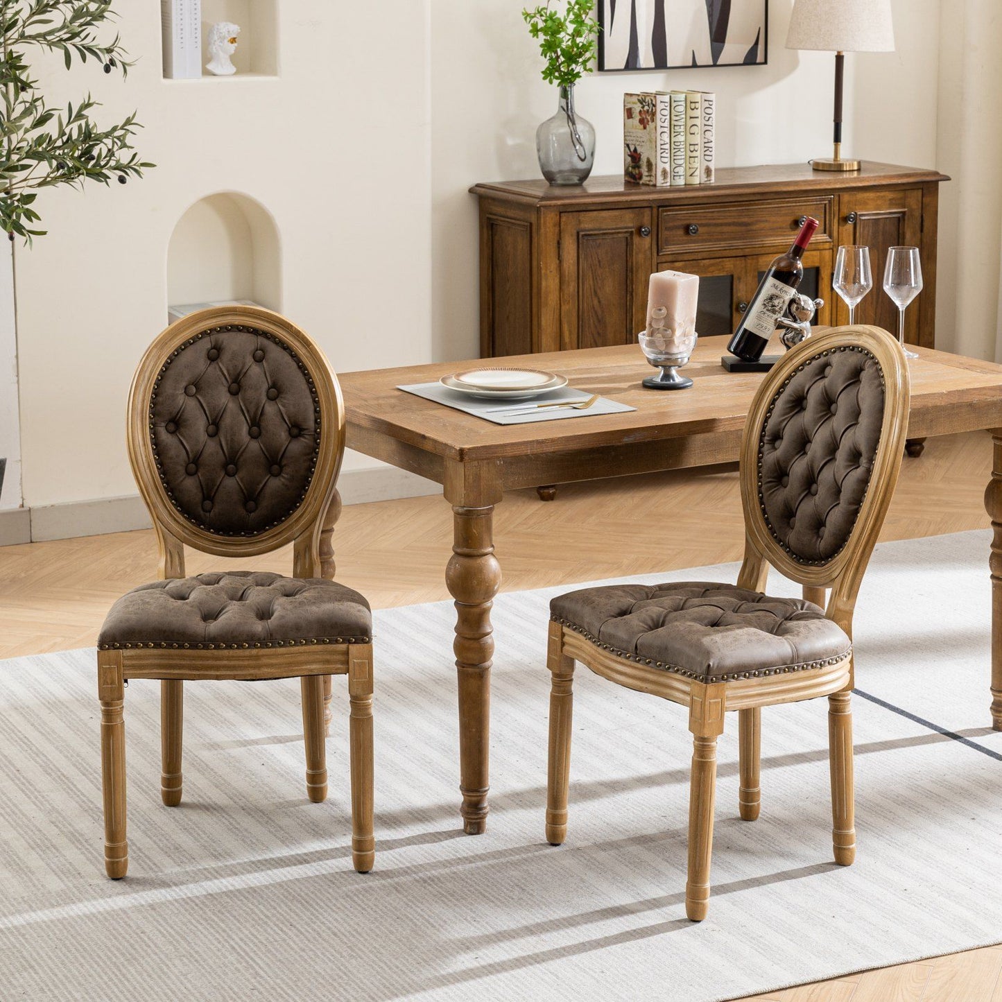 French Style Solid Wood Frame Antique Painting, Hand-Pulled Buckle Decoration Artificial Dining Chair With Nailhead Trim, Wood Legs
