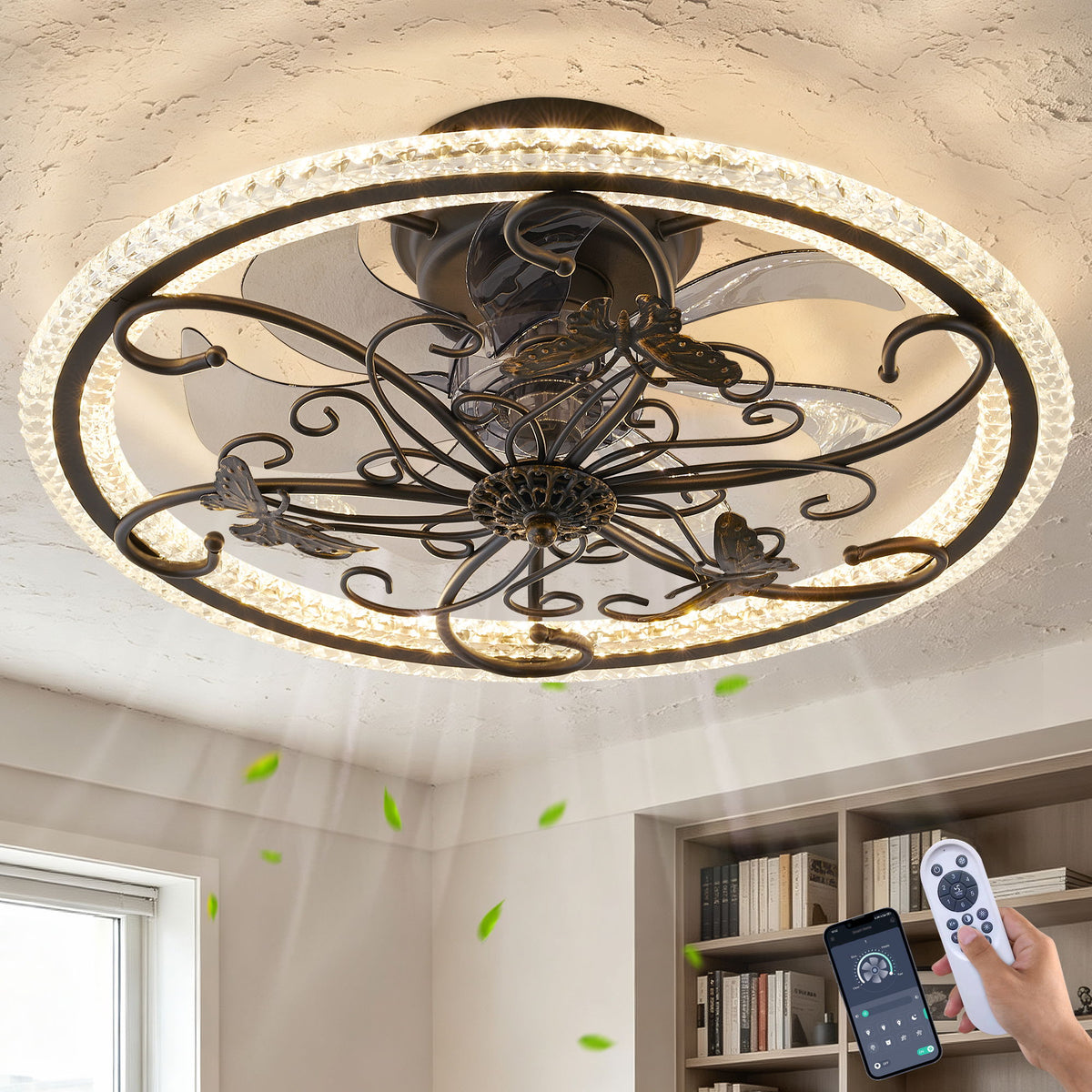 Ceiling Fan With Lights Remote Control, 6 Speeds 3 Color Caged Ceiling Fan - Matte Black