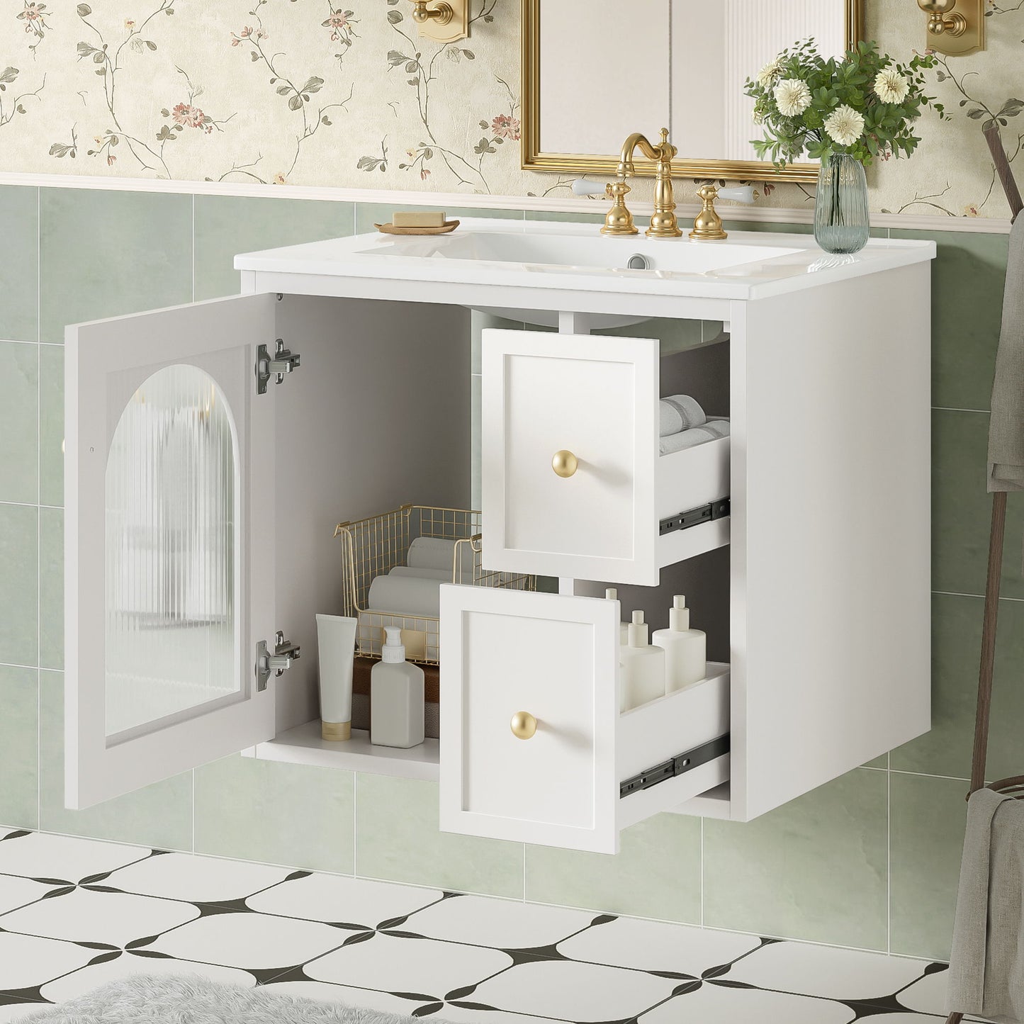 Wall-Mounted Bathroom Vanity Set With Sink, 2 Drawers And Soft-Close Door