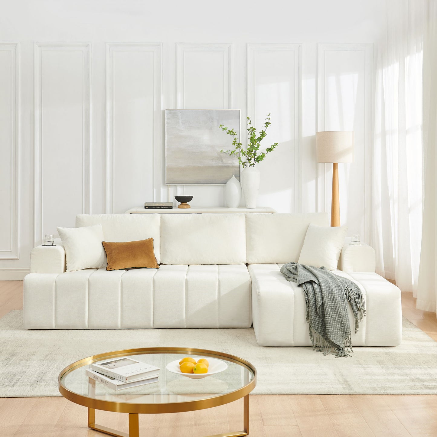 L - Shaped Sectional Sofa With Cup Holders & Side Pockets