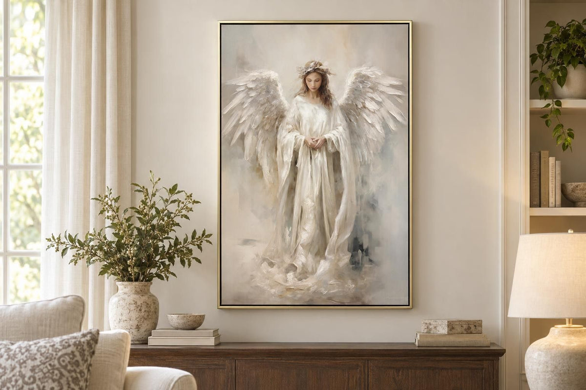Angel Of Quiet Light - 30 X 44 - Hand-Embellished Canvas In Frame - Ivory, Beige, Gray