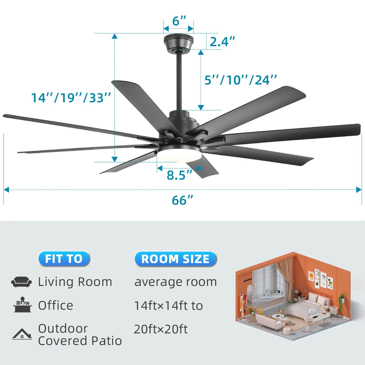 66" Ceiling Fan With Dimmable LED Light, 8 Blades, Smart Remote Control, Reversible DC Motor, For Home Office - Matte Black