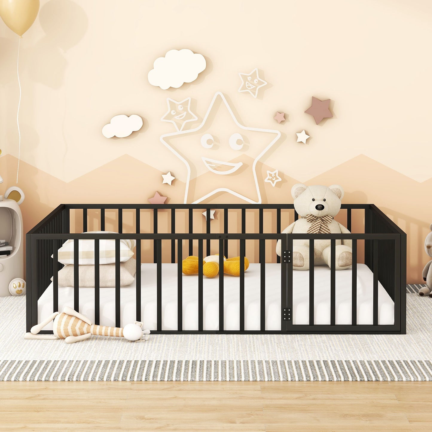 Metal Floor Bed Frame With Fence And Door
