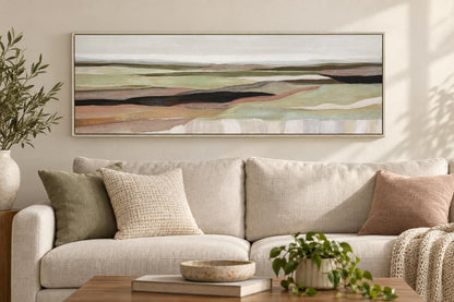 Sage Valley Reverie - 60 X 20 - Hand-Painted Canvas In Frame - Sage Green, Dusty Rose, Cream, Charcoal