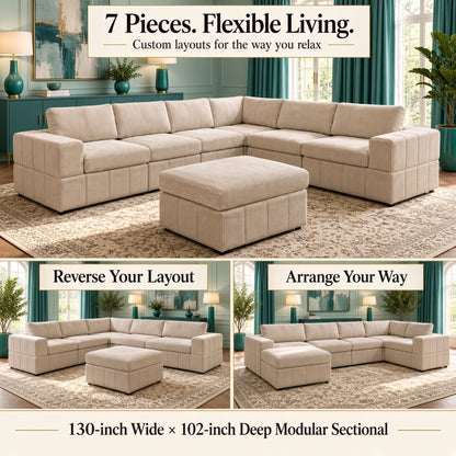 Oversized Modular Sectional Sofa, Reversible With Ottoman