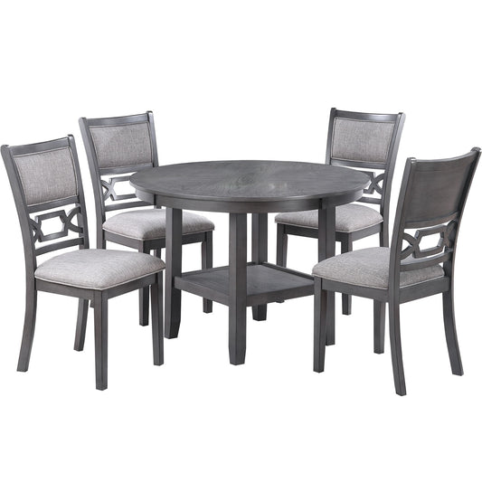 5 Piece Dining Set With Storage Shelves Round Table And Upholstered Side Chairs - Gray