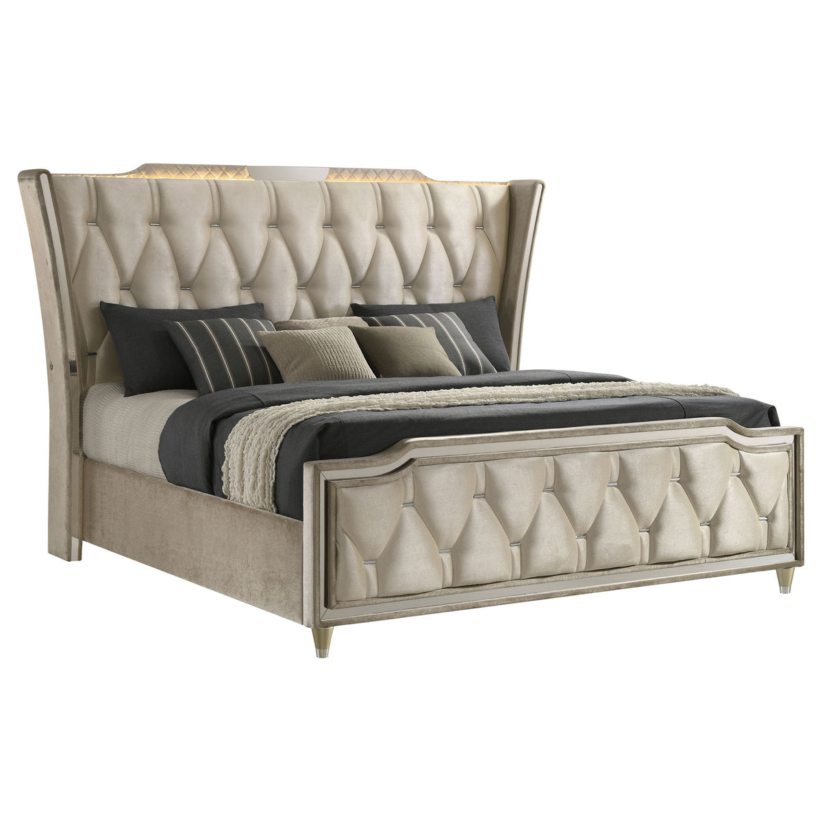 Mika - Eastern King LED Upholstered Bed With Tufted Wingback Design - Ivory