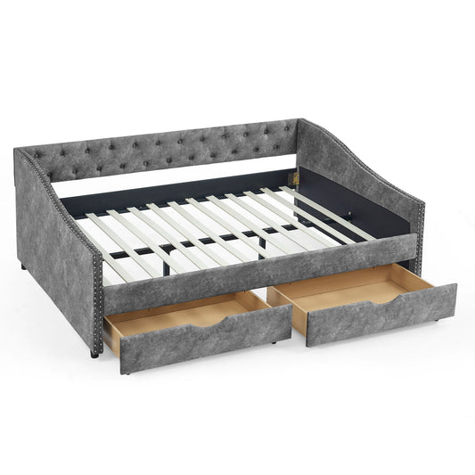 Upholstered Tufted Daybed With Drawers, Waved Arms