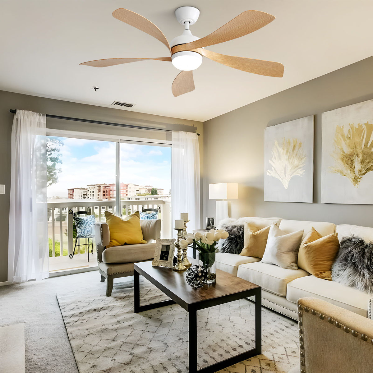 52" Ceiling Fan With 3 Color Dimmable LED Light, 5 Blades, Remote Control, Reversible DC Motor