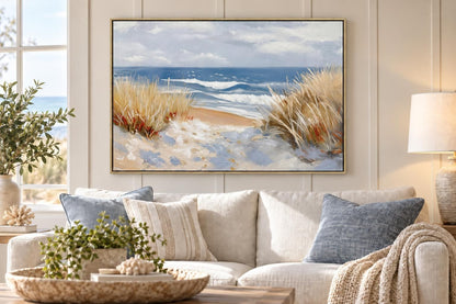 Beyond The Dune Grass - 47 X 32 - Hand-Embellished Canvas In Frame - Blue