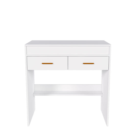 Flip Top Vanity Desk With LED Mirror & Outlet Makeup Table With 2 Drawers, Open Storage, And Jewelry Hooks - White