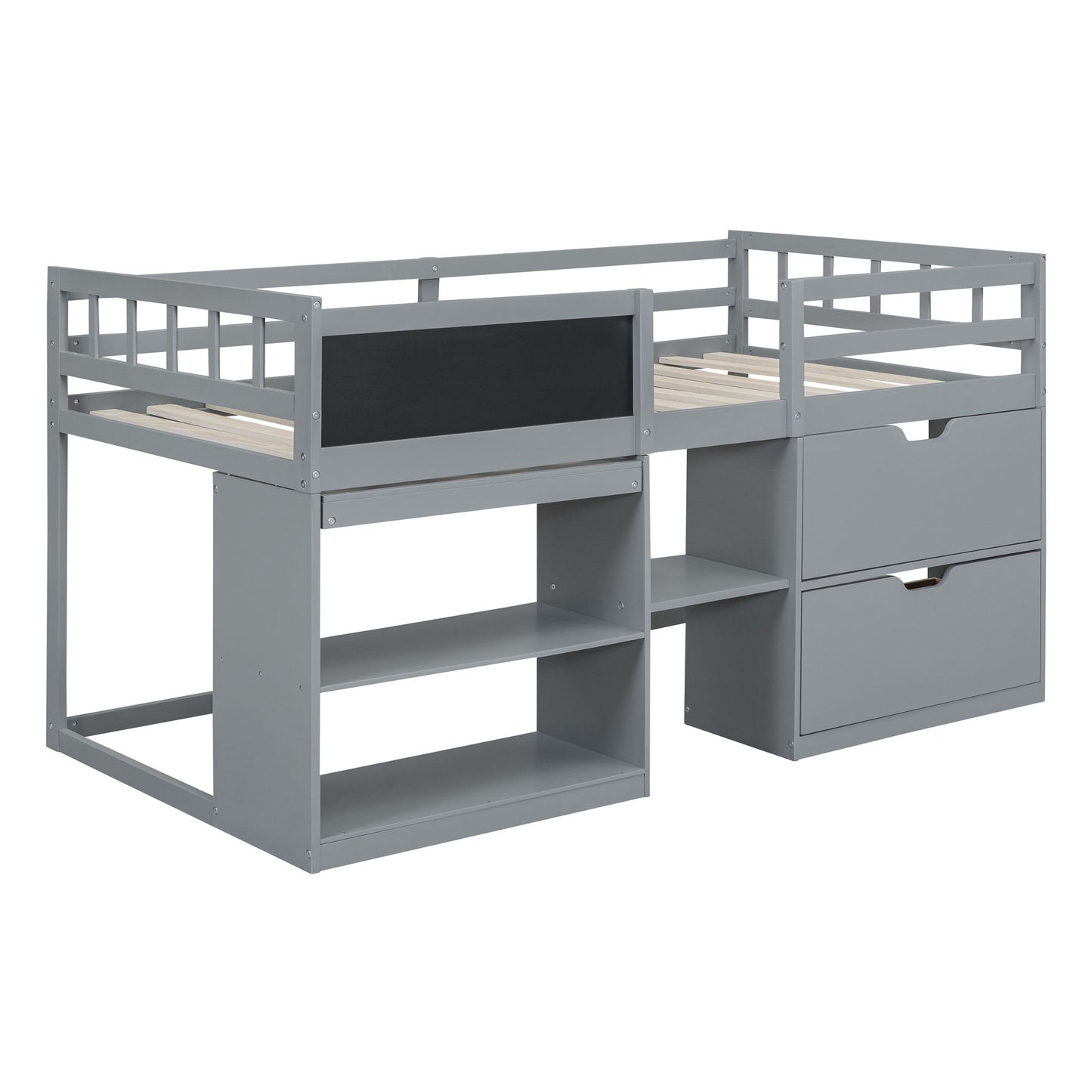 Low Loft Bed With Rolling Desk, Shelf And Drawers
