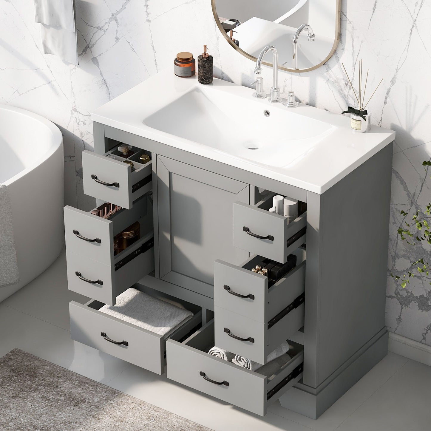 Modern Bathroom Vanity With Sink, 6 Drawers, Adjustable Shelf