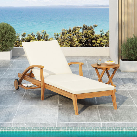 Versatile Chaise Lounge With Wheels Acacia Wood Recliner For Patio - Cream