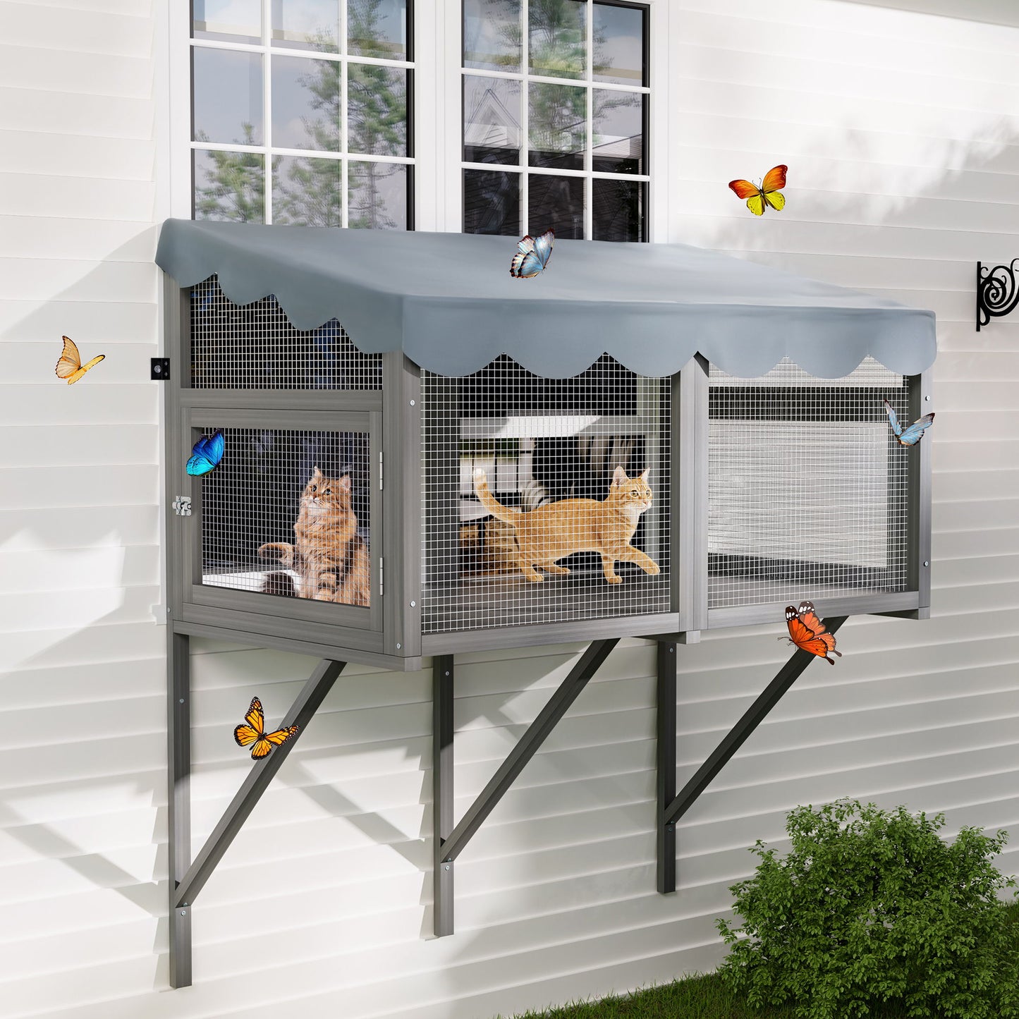 Window Perch Catio For Indoor Cats, Expandable Enclosure With Secure Frame And Waterproof Roof, Suitable For Multiple Kittens - Gray