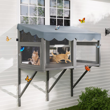 Window Perch Catio For Indoor Cats, Expandable Enclosure With Secure Frame And Waterproof Roof, Suitable For Multiple Kittens - Gray