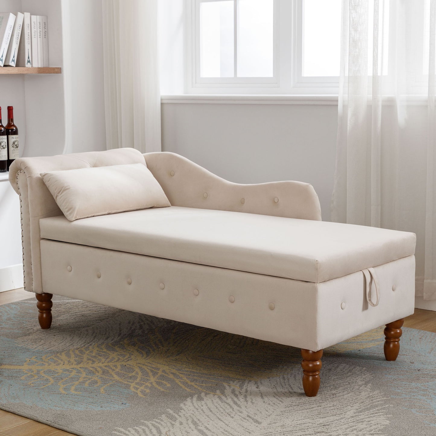 Chaise Lounge Indoor, Lounge Chair For Bedroom With Storage & Pillow, Modern Upholstered Rolled Arm Chase Lounge For Sleeping With Nailhead Trim For Living Room Bedroom Office
