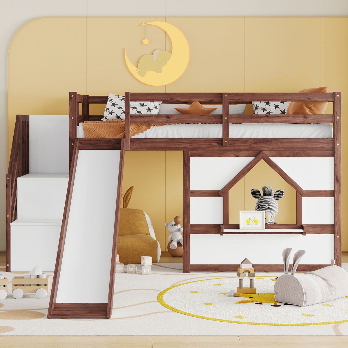 Loft Bed With Storage Stairs, Slide, Playhouse Window And 7 Colors LED Lights