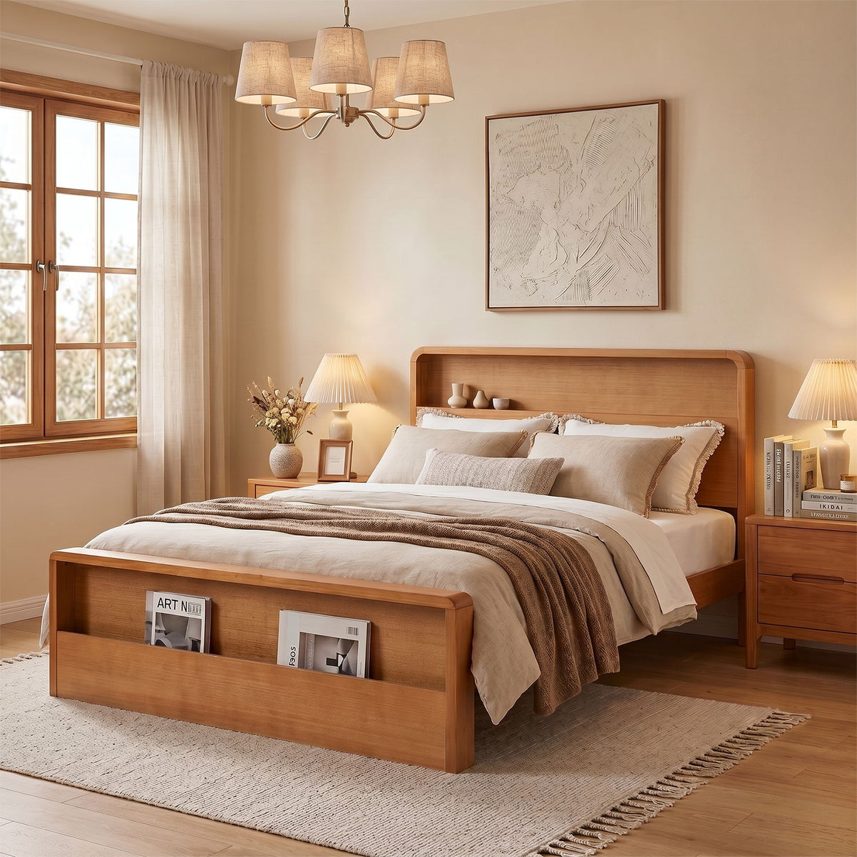 Queen Bed Frame With Dual Open Storage Headboard And Footboard, No Box Spring Needed - Light Brown