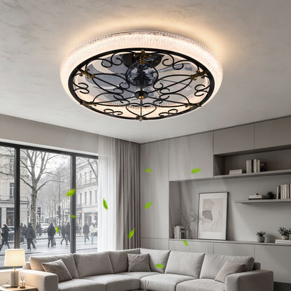 20" Caged Ceiling Fan With Remote Control And Crystal Sand Lampshade - Matte Black