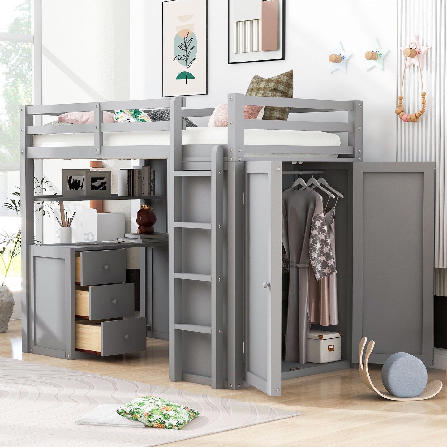 Loft Bed With Drawers, Desk, And Wardrobe