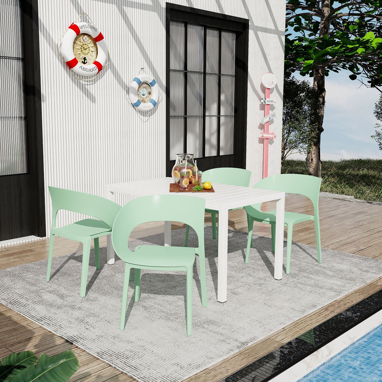 4 Piece Set Of Modern Designed Single Chairs With Long Table