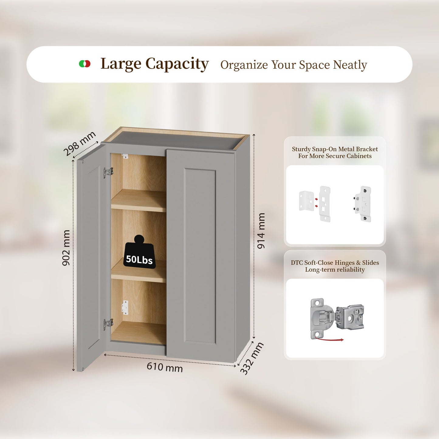 Shaker Wall Cabinet With Soft-Close Doors, Adjustable Shelves