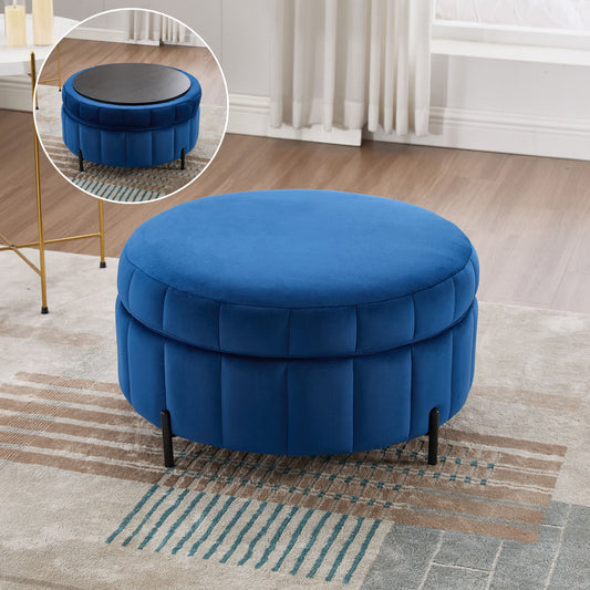 Upholstered Round Ottoman With Reversible Lid, Channel Tufted Pumpkin Shape