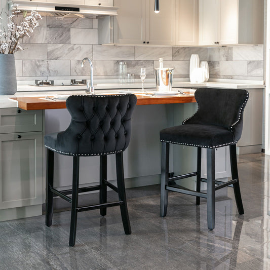 Contemporary Upholstered Wing-Back Barstools With Button Tufted Decoration And Wooden Legs, And Nailhead Trim, Leisure Style Bar Chairs, Bar Stools (Set of 2)