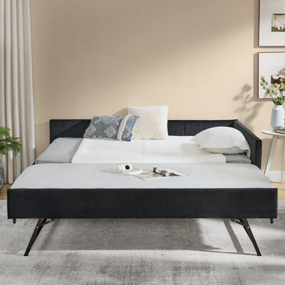 Full Size Upholstered Daybed With Trundle, Tufted Backrest And Armrests - Black