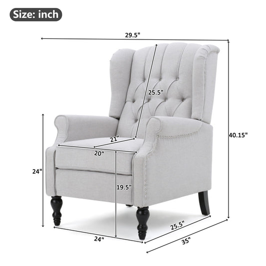 Tufted Arm Chair Recliner With Wingback Style, Pushback Mechanism - Light Gray