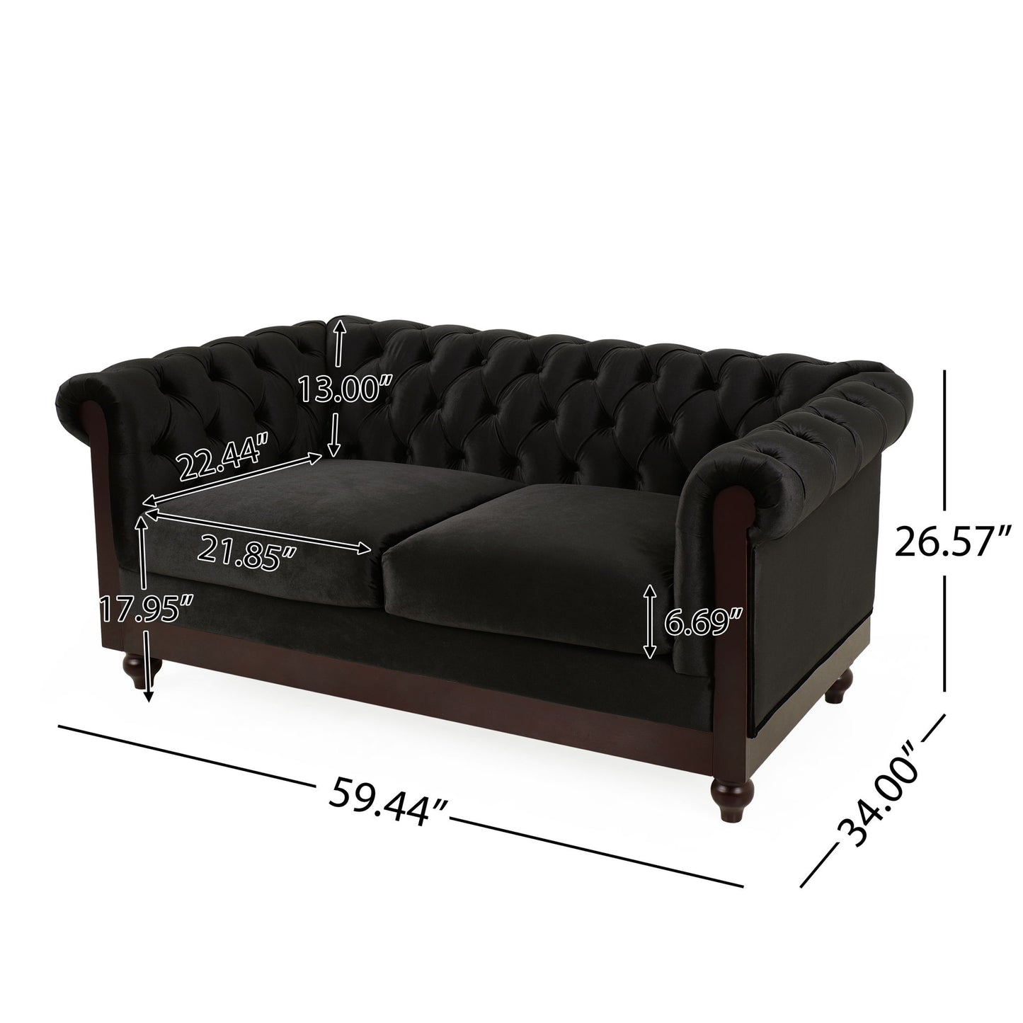 Chesterfield Loveseat Sofa, 2 Person Rolled Arm Upholstered Couch