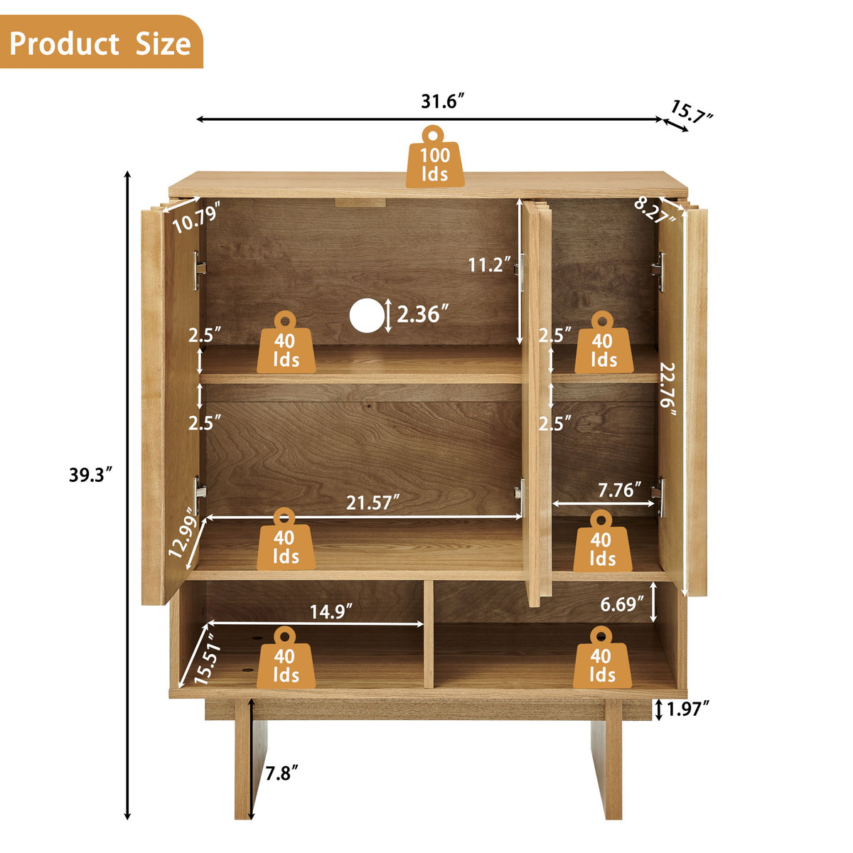 Sideboard Buffet Cabinet With Grille Slat Design With 3 Doors And Adjustable Shelves