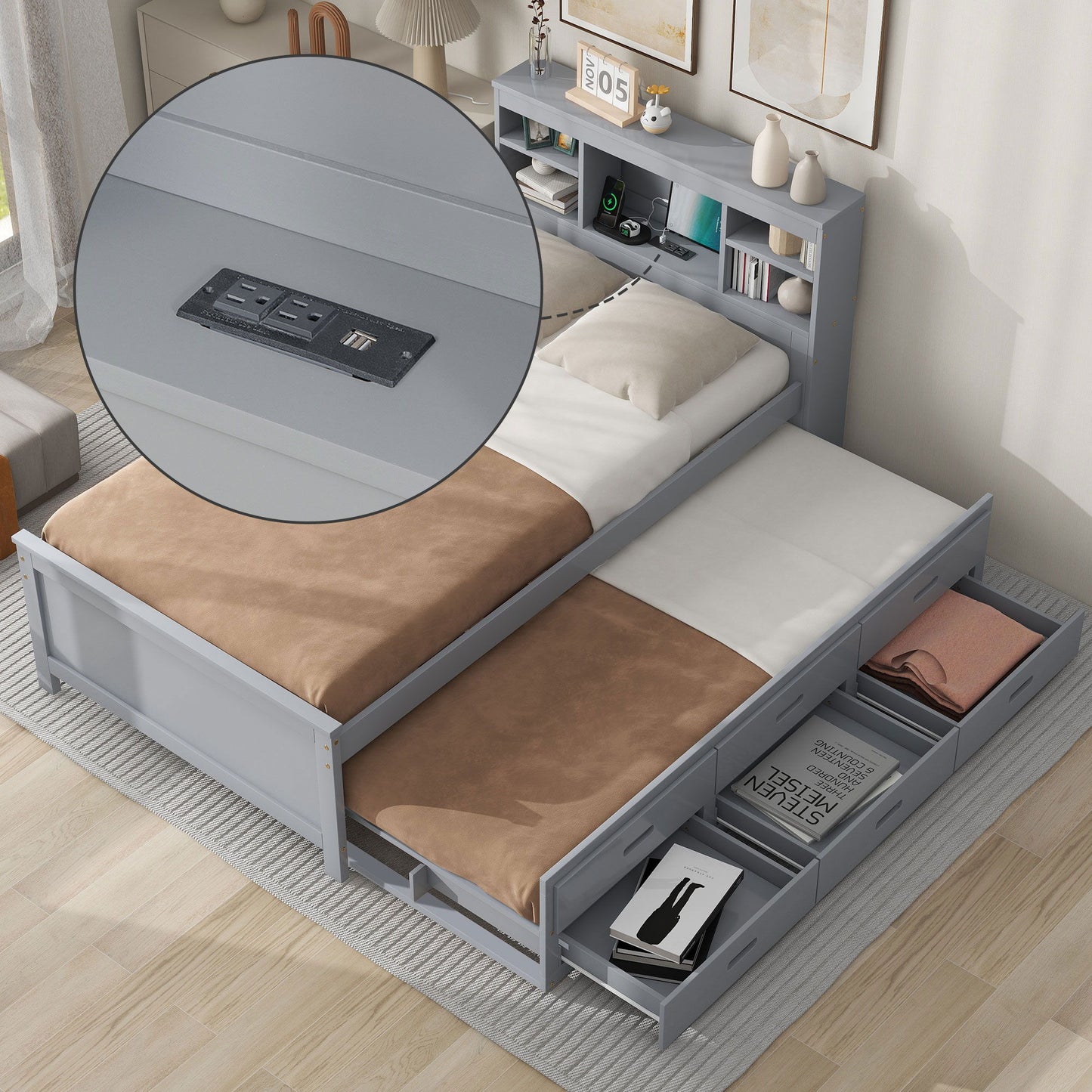 Platform Bed With Storage Headboard, USB, Trundle And 3 Drawers