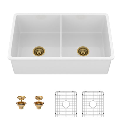 32" Undermount Double Bowl Kitchen Sink Rectangular Deep Dual Bas With Grids - White