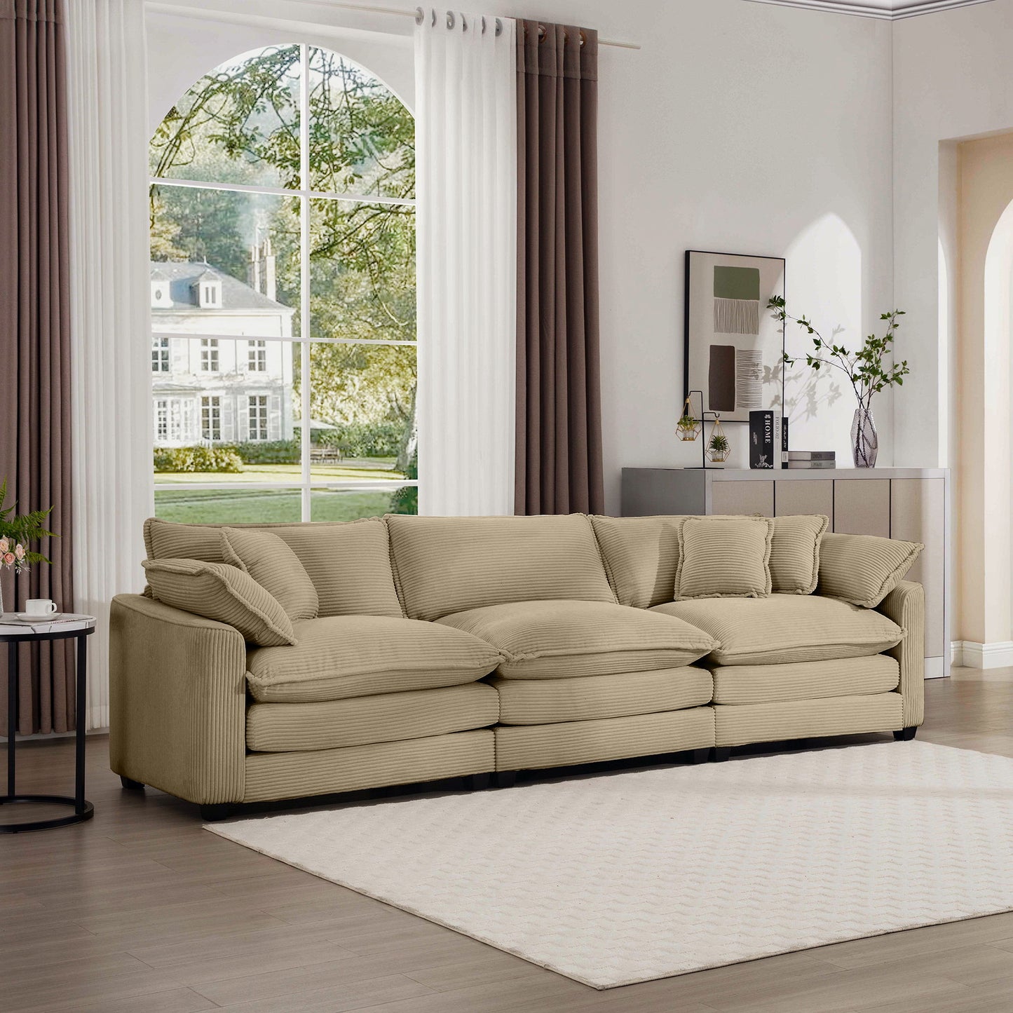 Mid-Century Modern 3 Seater Sectional Sofa With Arm And Throw Pillows