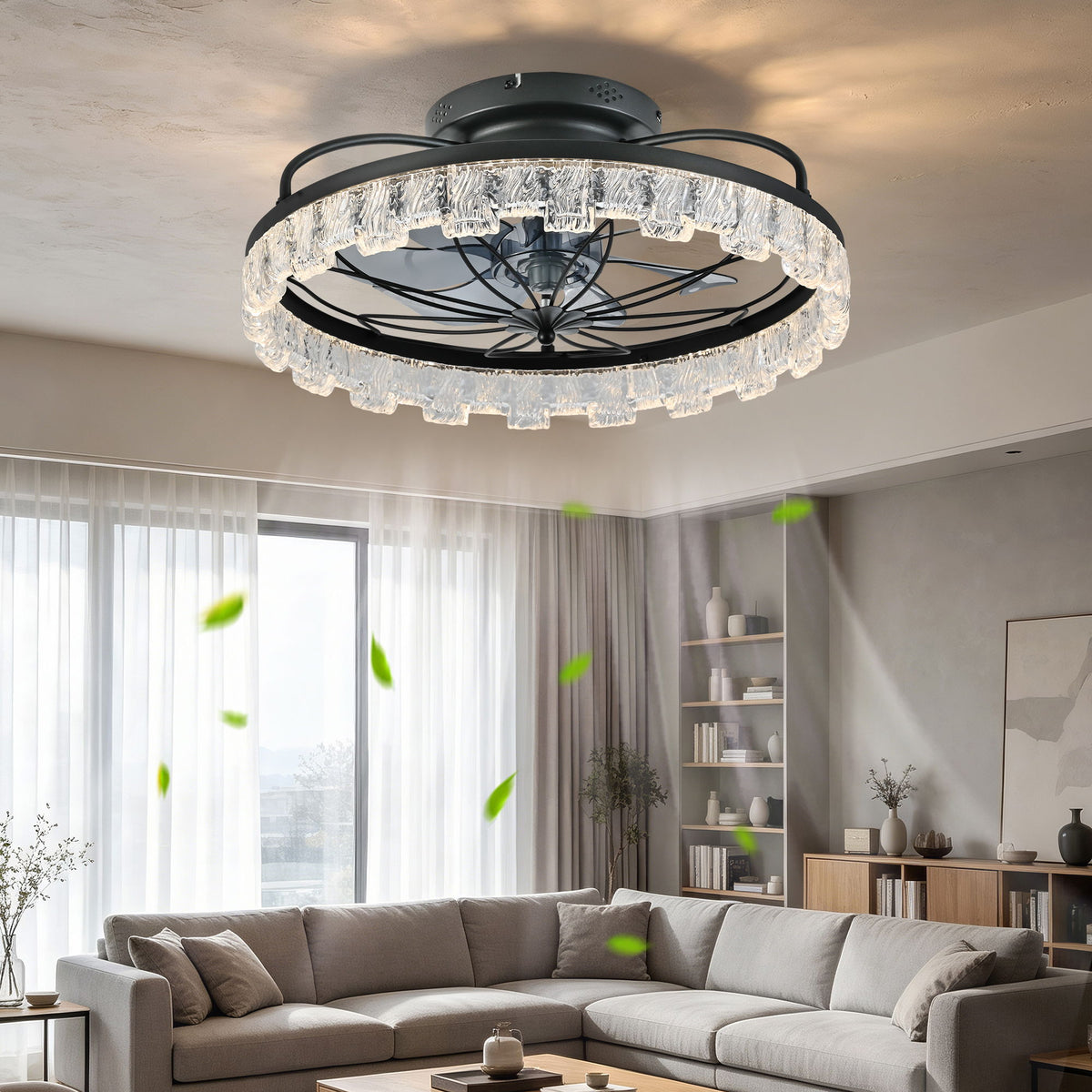 Ceiling Fan With Light, Flower Caged Ceiling Fan With Remote, LED Low Profile Ceiling Light - Matte Black