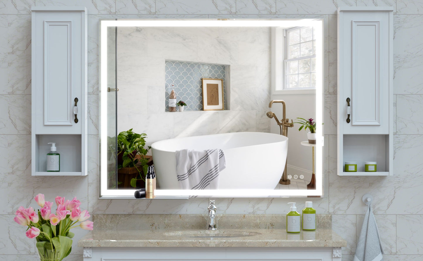 LED Bathroom Vanity Mirror Wall Mounted Adjustable / Warm / Natural Lights Anti-Fog Touch Switch With Memory Modern Smart Large Bathroom Mirrors