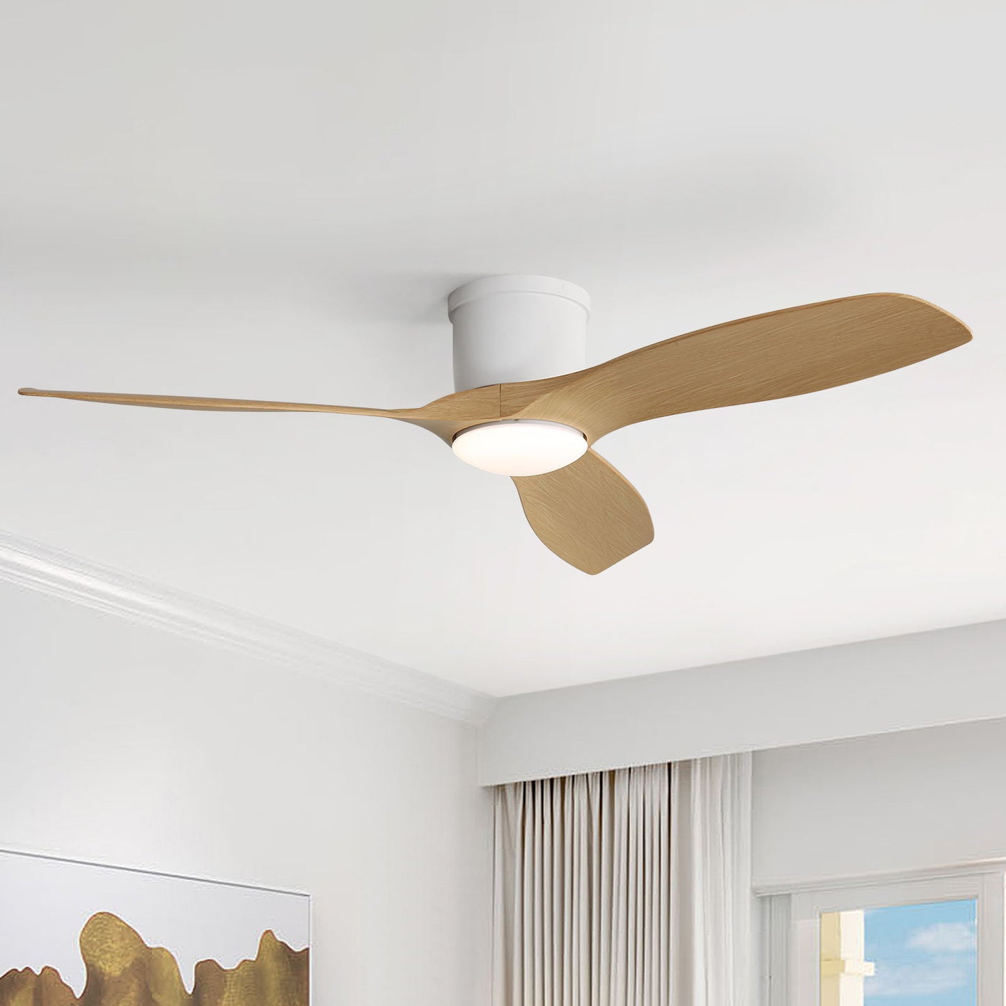 Flush Mount Ceiling Fan With Dimmable LED Light, 3 Blades, Reversible DC Motor Blades For Living Room