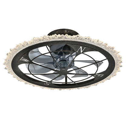 Caged Ceiling Fan & Remote Controlled Dimmable LED Lights, Flush Mount Fan, Low Profile Design - Antique Black