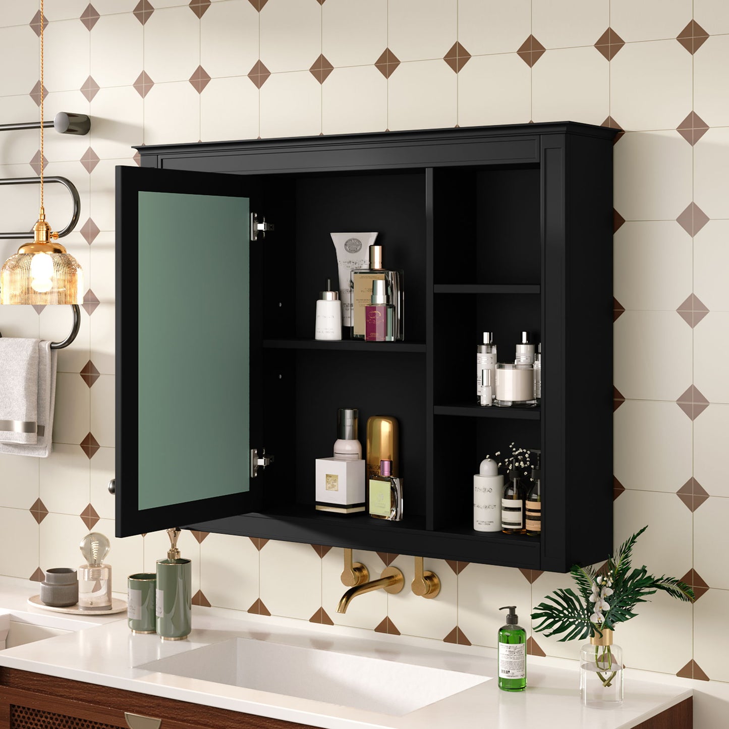 Wall-Mounted Medicine Cabinet With Mirror, 6 Open Shelves And Adjustable Interior - Black