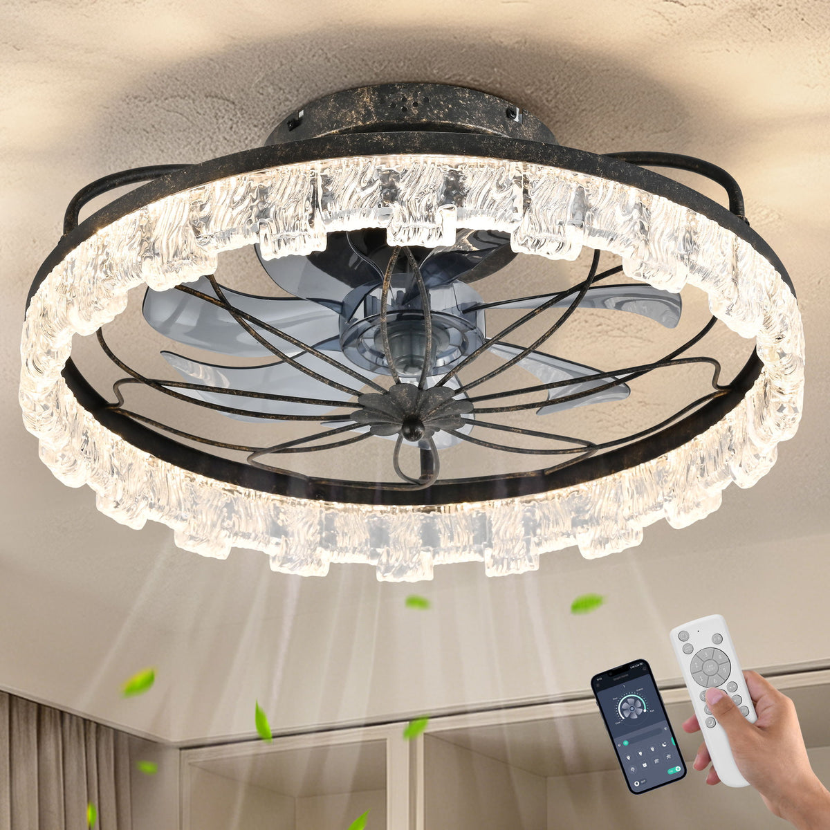21" Caged Ceiling Fan With Remote Controlled Acrylic LED Lights - Antique Black