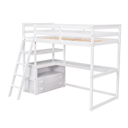 Modern Loft Bed With Built In Desk, Shelves, And 2 Drawers