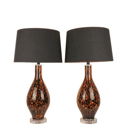 Speckled Glow Art Glass & Crystal Table Lamp (Set of 2) - Black Speckled Amber Art Glass / Clear Crystal