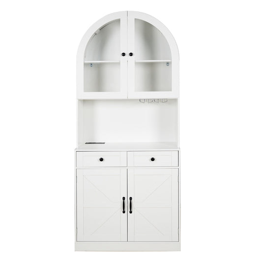 Tall Arched Pantry Cabinet With Charging Station, Adjustable Shelves, Coffee Bar