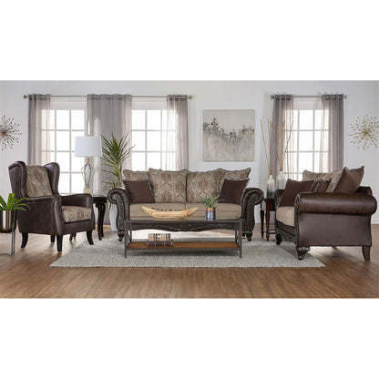 Brookridge - Rolled Arm Sofa With Ornate Details And Mixed Upholstery - Brown