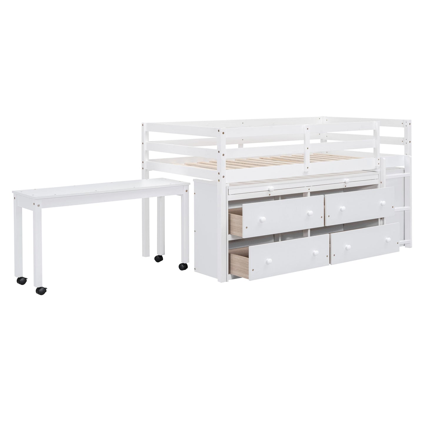 Loft Bed With Retractable Writing Desk And 4 Drawers, With Lateral Portable Desk And Shelves