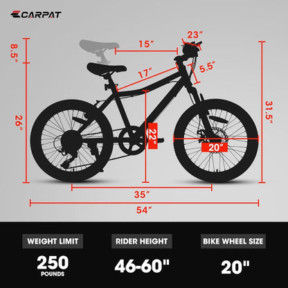 S20101 20" Kids' Bike, Boys Girls Mountain Bike Ages 8-12, 7 Speed Teenager Children Kids' Bicycles, Front Suspension Disc Brake Rear V-Brake, High Steel Frame